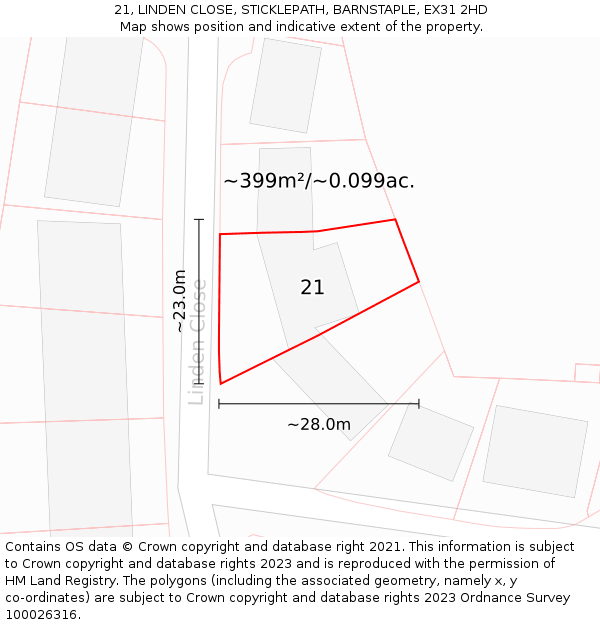 21, LINDEN CLOSE, STICKLEPATH, BARNSTAPLE, EX31 2HD: Plot and title map
