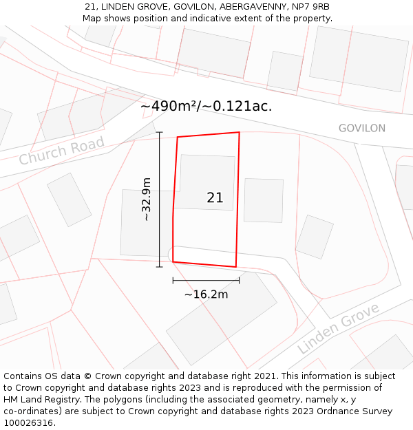 21, LINDEN GROVE, GOVILON, ABERGAVENNY, NP7 9RB: Plot and title map