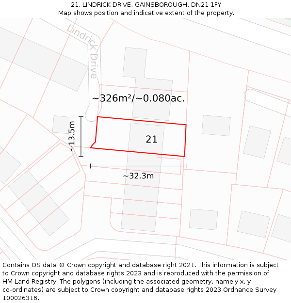 21, LINDRICK DRIVE, GAINSBOROUGH, DN21 1FY: Plot and title map