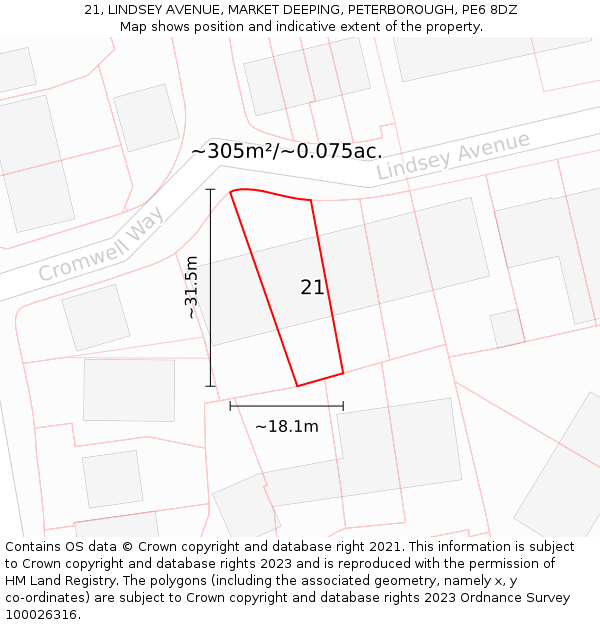 21, LINDSEY AVENUE, MARKET DEEPING, PETERBOROUGH, PE6 8DZ: Plot and title map