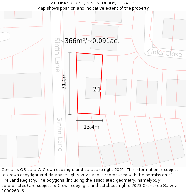 21, LINKS CLOSE, SINFIN, DERBY, DE24 9PF: Plot and title map