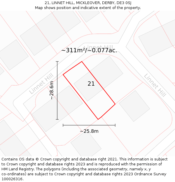 21, LINNET HILL, MICKLEOVER, DERBY, DE3 0SJ: Plot and title map