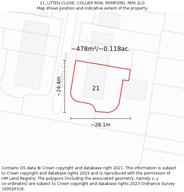 21, LITTEN CLOSE, COLLIER ROW, ROMFORD, RM5 2LG: Plot and title map