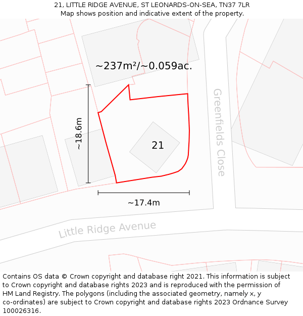 21, LITTLE RIDGE AVENUE, ST LEONARDS-ON-SEA, TN37 7LR: Plot and title map