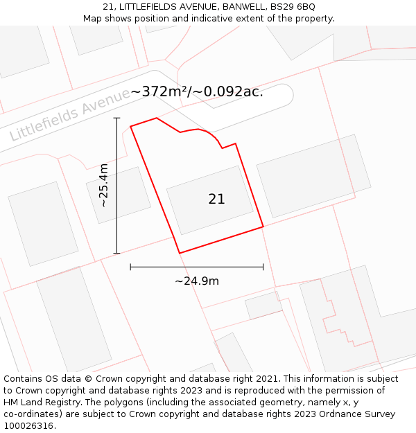 21, LITTLEFIELDS AVENUE, BANWELL, BS29 6BQ: Plot and title map