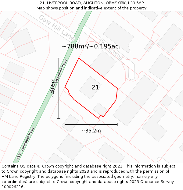 21, LIVERPOOL ROAD, AUGHTON, ORMSKIRK, L39 5AP: Plot and title map