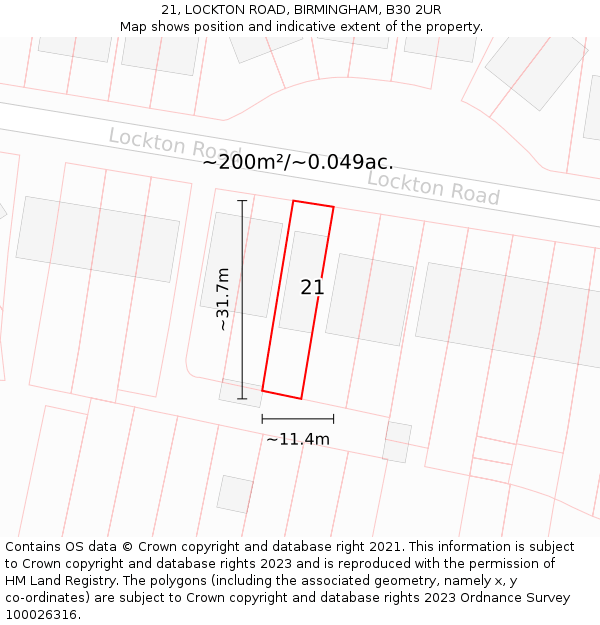 21, LOCKTON ROAD, BIRMINGHAM, B30 2UR: Plot and title map