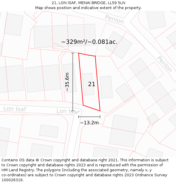 21, LON ISAF, MENAI BRIDGE, LL59 5LN: Plot and title map
