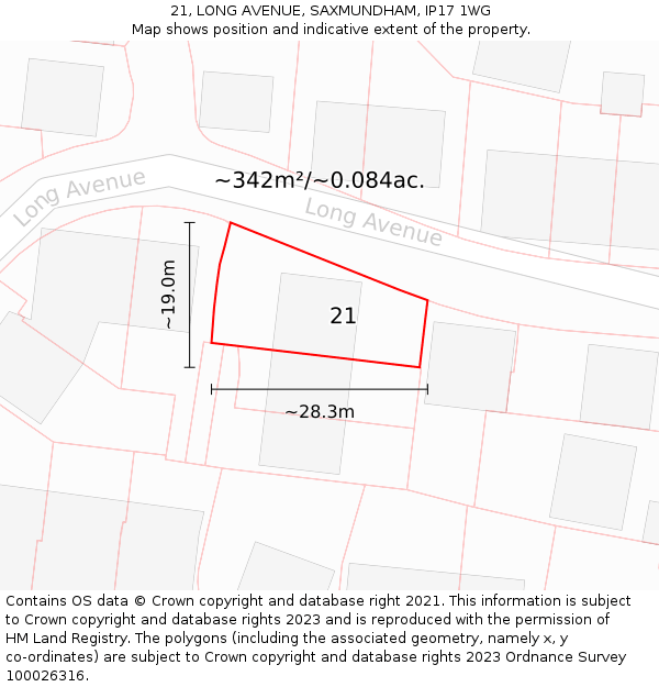 21, LONG AVENUE, SAXMUNDHAM, IP17 1WG: Plot and title map