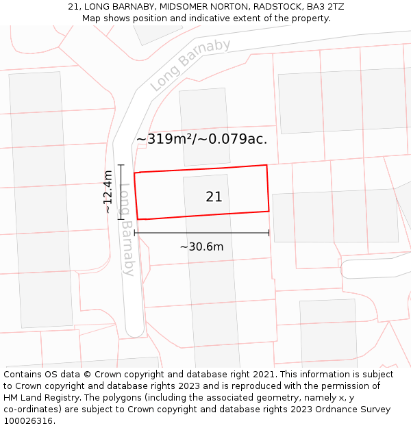 21, LONG BARNABY, MIDSOMER NORTON, RADSTOCK, BA3 2TZ: Plot and title map