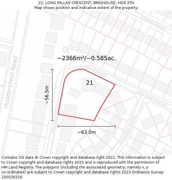 21, LONG FALLAS CRESCENT, BRIGHOUSE, HD6 3TN: Plot and title map