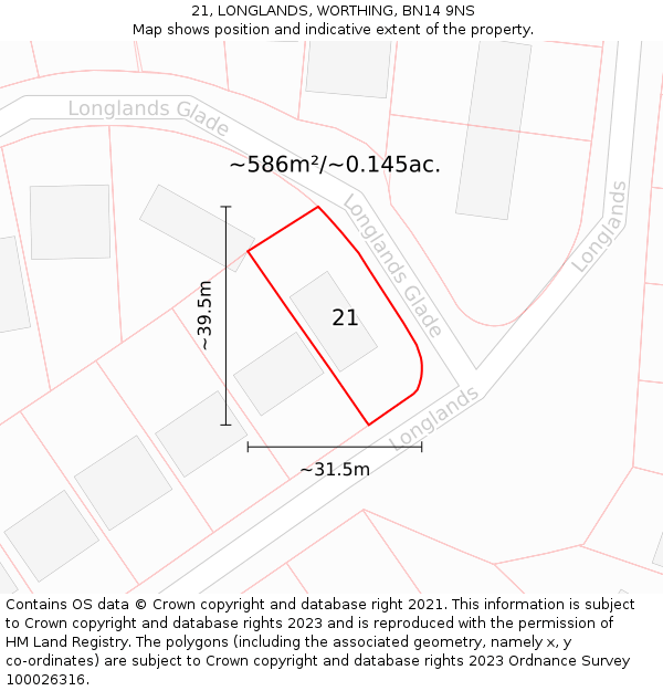21, LONGLANDS, WORTHING, BN14 9NS: Plot and title map