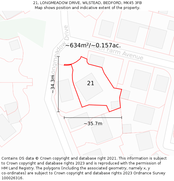 21, LONGMEADOW DRIVE, WILSTEAD, BEDFORD, MK45 3FB: Plot and title map