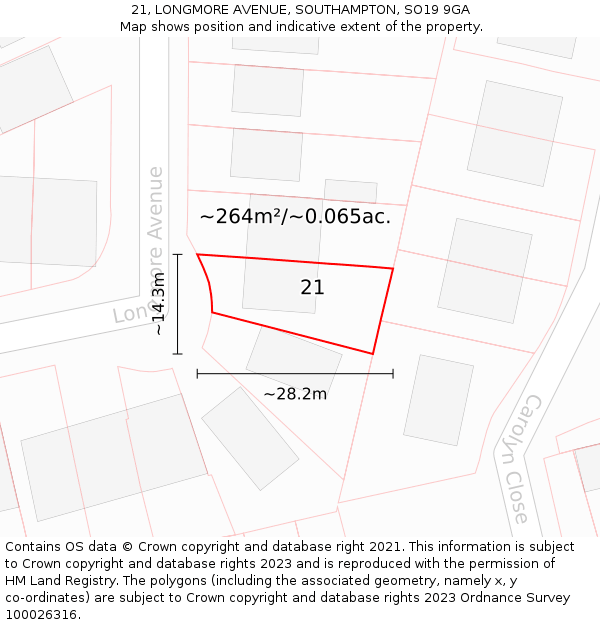 21, LONGMORE AVENUE, SOUTHAMPTON, SO19 9GA: Plot and title map