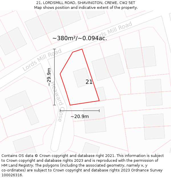 21, LORDSMILL ROAD, SHAVINGTON, CREWE, CW2 5ET: Plot and title map