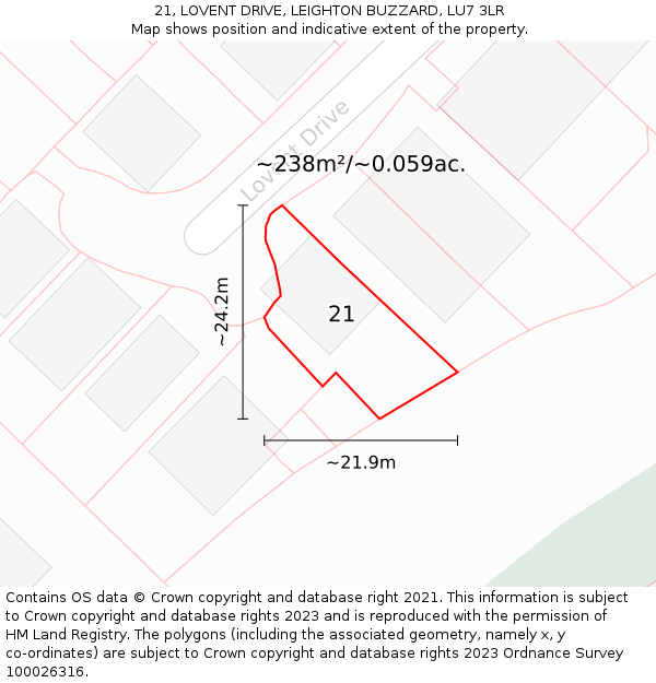 21, LOVENT DRIVE, LEIGHTON BUZZARD, LU7 3LR: Plot and title map