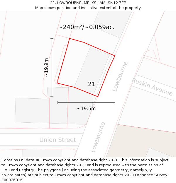 21, LOWBOURNE, MELKSHAM, SN12 7EB: Plot and title map