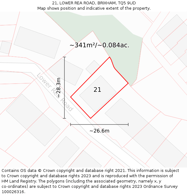 21, LOWER REA ROAD, BRIXHAM, TQ5 9UD: Plot and title map