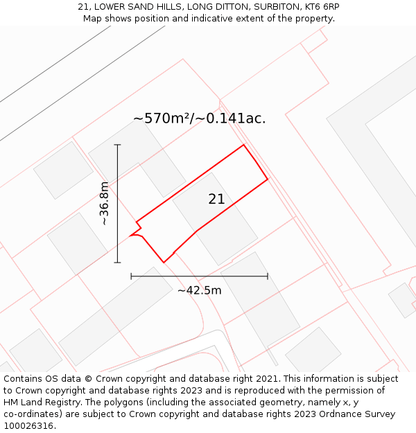 21, LOWER SAND HILLS, LONG DITTON, SURBITON, KT6 6RP: Plot and title map