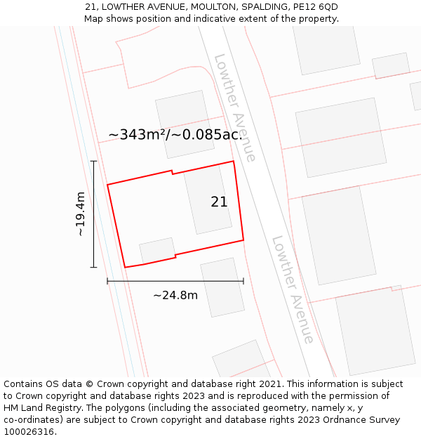 21, LOWTHER AVENUE, MOULTON, SPALDING, PE12 6QD: Plot and title map
