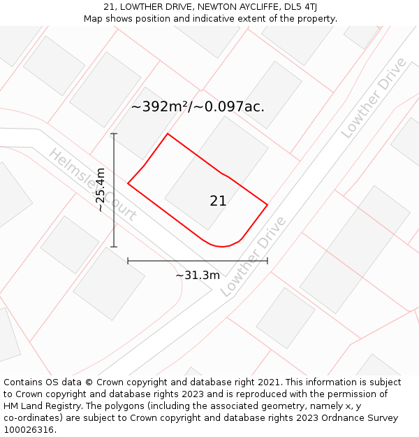 21, LOWTHER DRIVE, NEWTON AYCLIFFE, DL5 4TJ: Plot and title map