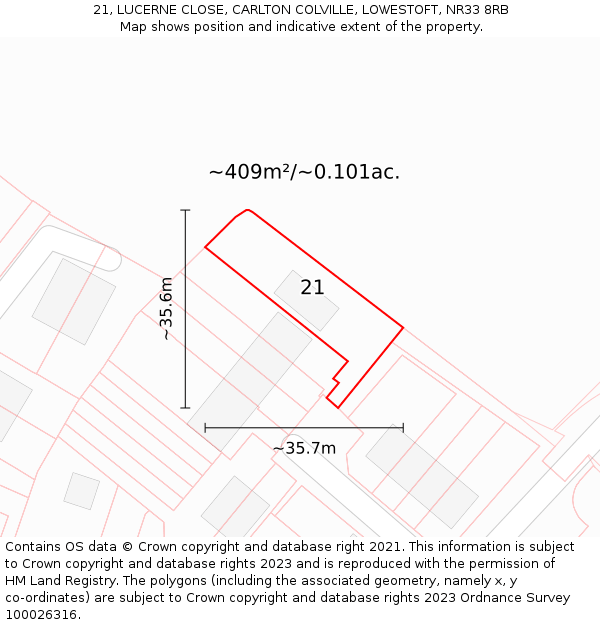 21, LUCERNE CLOSE, CARLTON COLVILLE, LOWESTOFT, NR33 8RB: Plot and title map