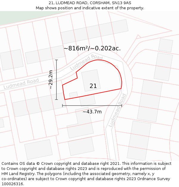 21, LUDMEAD ROAD, CORSHAM, SN13 9AS: Plot and title map