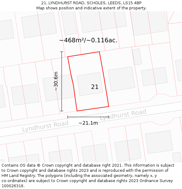 21, LYNDHURST ROAD, SCHOLES, LEEDS, LS15 4BP: Plot and title map