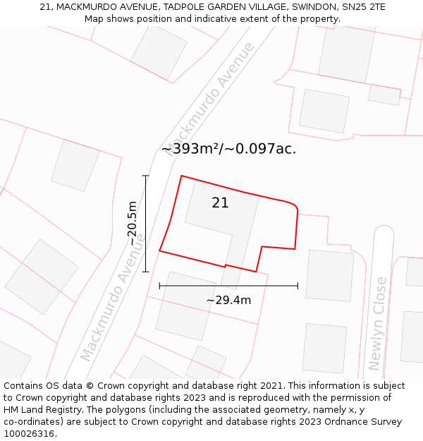 21, MACKMURDO AVENUE, TADPOLE GARDEN VILLAGE, SWINDON, SN25 2TE: Plot and title map