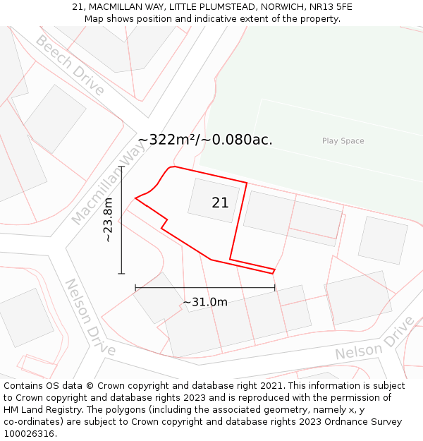 21, MACMILLAN WAY, LITTLE PLUMSTEAD, NORWICH, NR13 5FE: Plot and title map