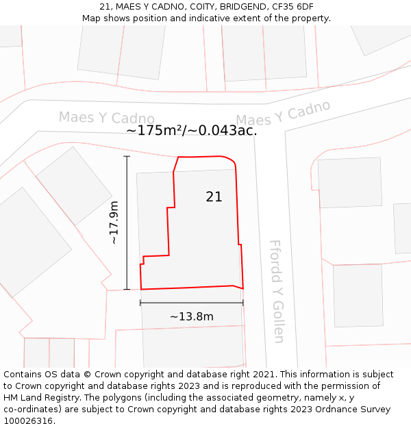 21, MAES Y CADNO, COITY, BRIDGEND, CF35 6DF: Plot and title map