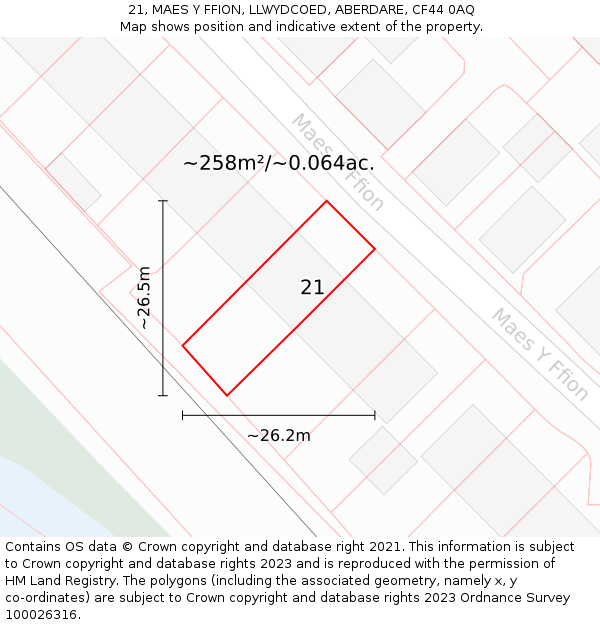 21, MAES Y FFION, LLWYDCOED, ABERDARE, CF44 0AQ: Plot and title map