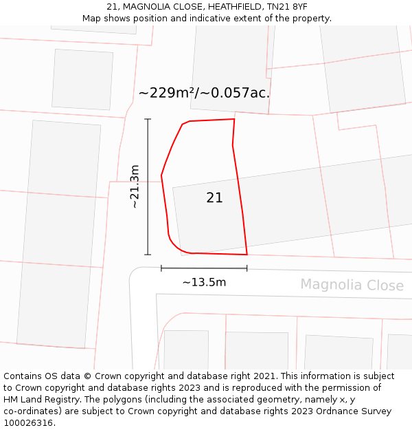 21, MAGNOLIA CLOSE, HEATHFIELD, TN21 8YF: Plot and title map