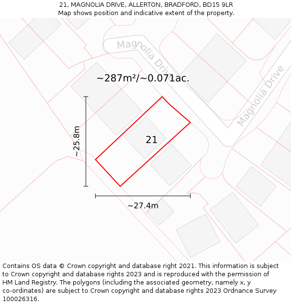 21, MAGNOLIA DRIVE, ALLERTON, BRADFORD, BD15 9LR: Plot and title map