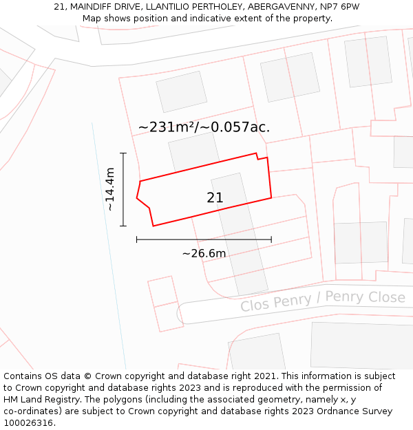 21, MAINDIFF DRIVE, LLANTILIO PERTHOLEY, ABERGAVENNY, NP7 6PW: Plot and title map