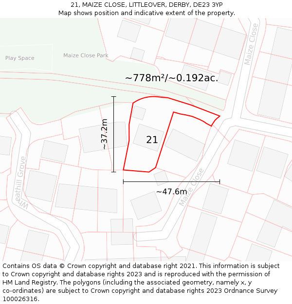 21, MAIZE CLOSE, LITTLEOVER, DERBY, DE23 3YP: Plot and title map