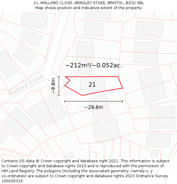 21, MALLARD CLOSE, BRADLEY STOKE, BRISTOL, BS32 0BL: Plot and title map