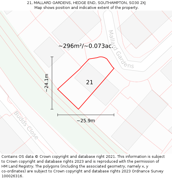 21, MALLARD GARDENS, HEDGE END, SOUTHAMPTON, SO30 2XJ: Plot and title map
