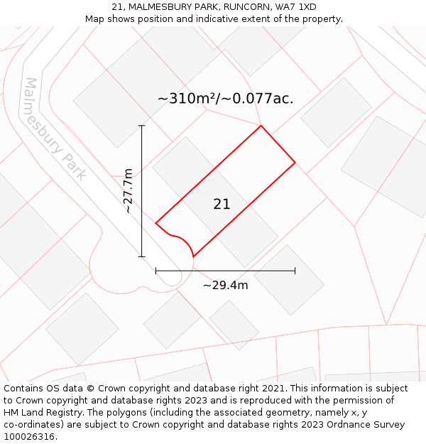 21, MALMESBURY PARK, RUNCORN, WA7 1XD: Plot and title map