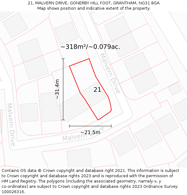 21, MALVERN DRIVE, GONERBY HILL FOOT, GRANTHAM, NG31 8GA: Plot and title map