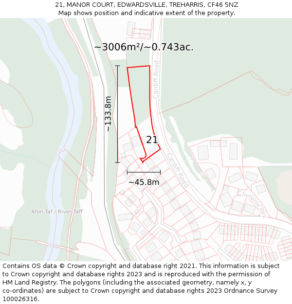 21, MANOR COURT, EDWARDSVILLE, TREHARRIS, CF46 5NZ: Plot and title map