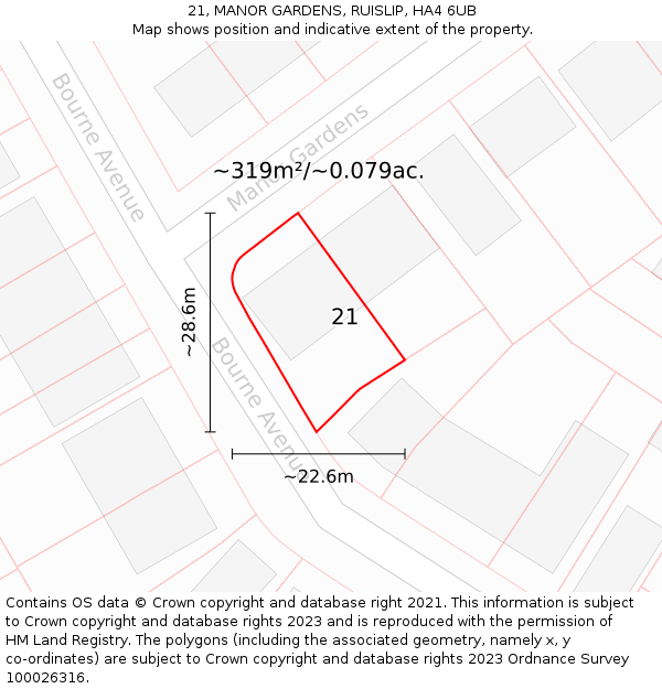 21, MANOR GARDENS, RUISLIP, HA4 6UB: Plot and title map