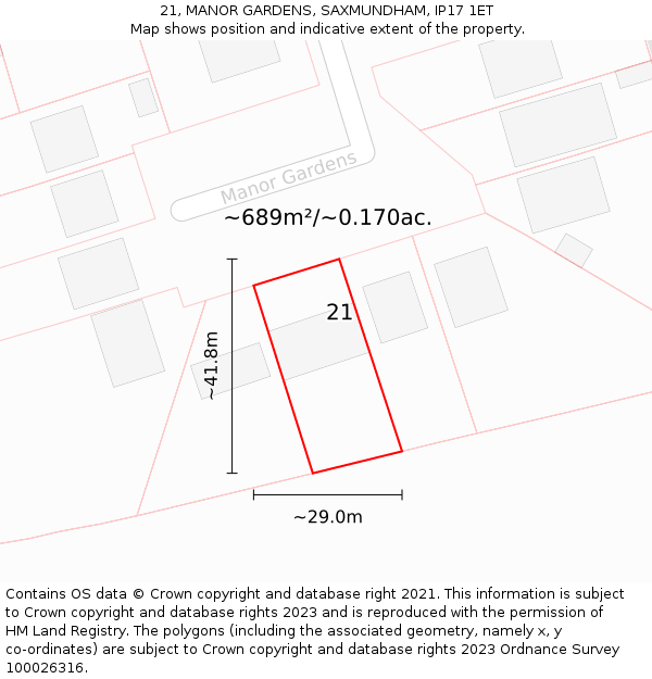 21, MANOR GARDENS, SAXMUNDHAM, IP17 1ET: Plot and title map
