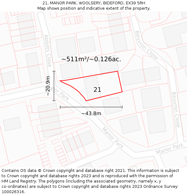 21, MANOR PARK, WOOLSERY, BIDEFORD, EX39 5RH: Plot and title map