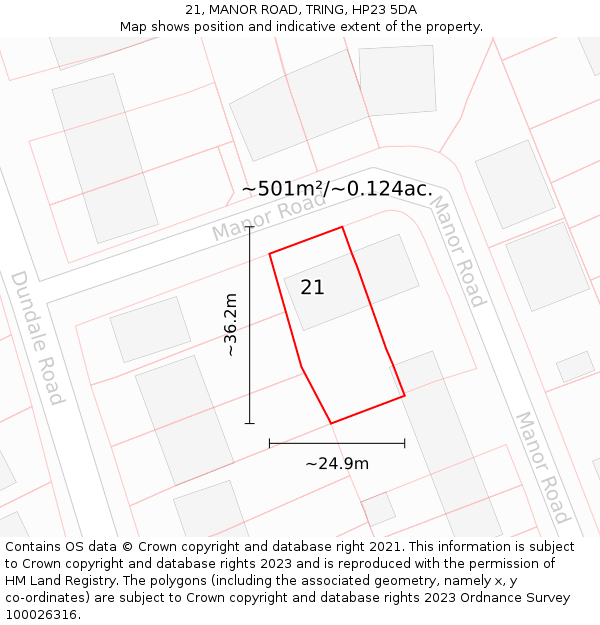21, MANOR ROAD, TRING, HP23 5DA: Plot and title map