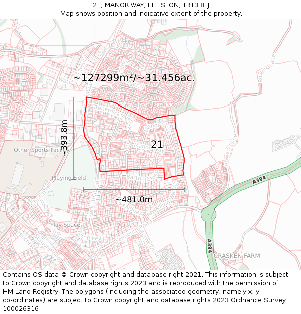 21, MANOR WAY, HELSTON, TR13 8LJ: Plot and title map