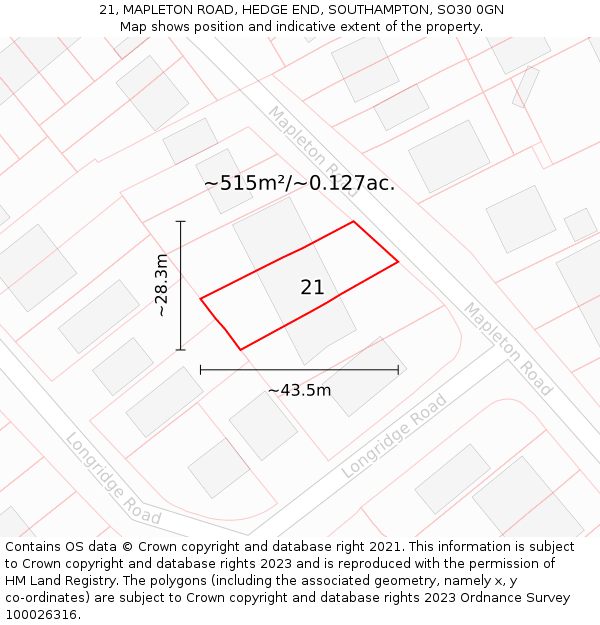 21, MAPLETON ROAD, HEDGE END, SOUTHAMPTON, SO30 0GN: Plot and title map