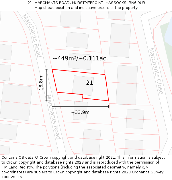 21, MARCHANTS ROAD, HURSTPIERPOINT, HASSOCKS, BN6 9UR: Plot and title map