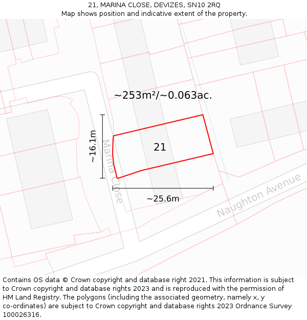 21, MARINA CLOSE, DEVIZES, SN10 2RQ: Plot and title map