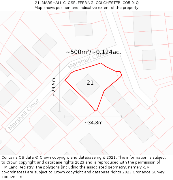 21, MARSHALL CLOSE, FEERING, COLCHESTER, CO5 9LQ: Plot and title map